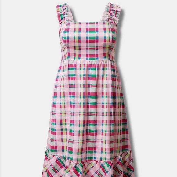 Torrid Pink Plaid Tiered Midi Dress 2 - Picture 2 of 13